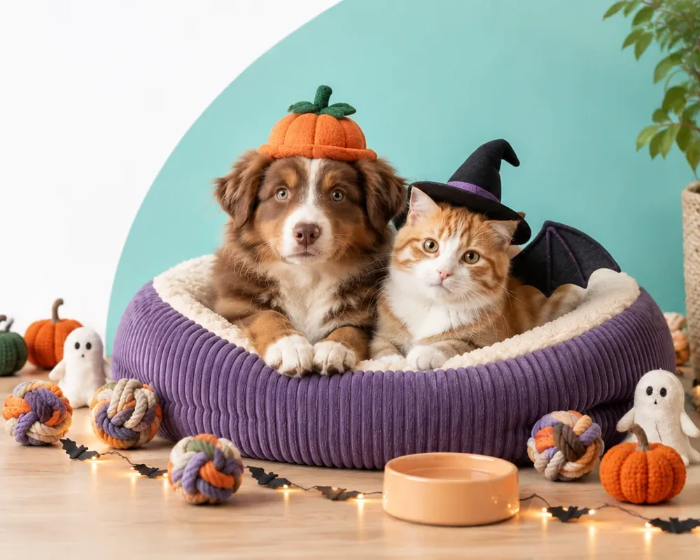 A puppy in a pumpkin hat and a kitten in a witch hat curled up in a purple pet bed, with rope toys and felt ghosts
