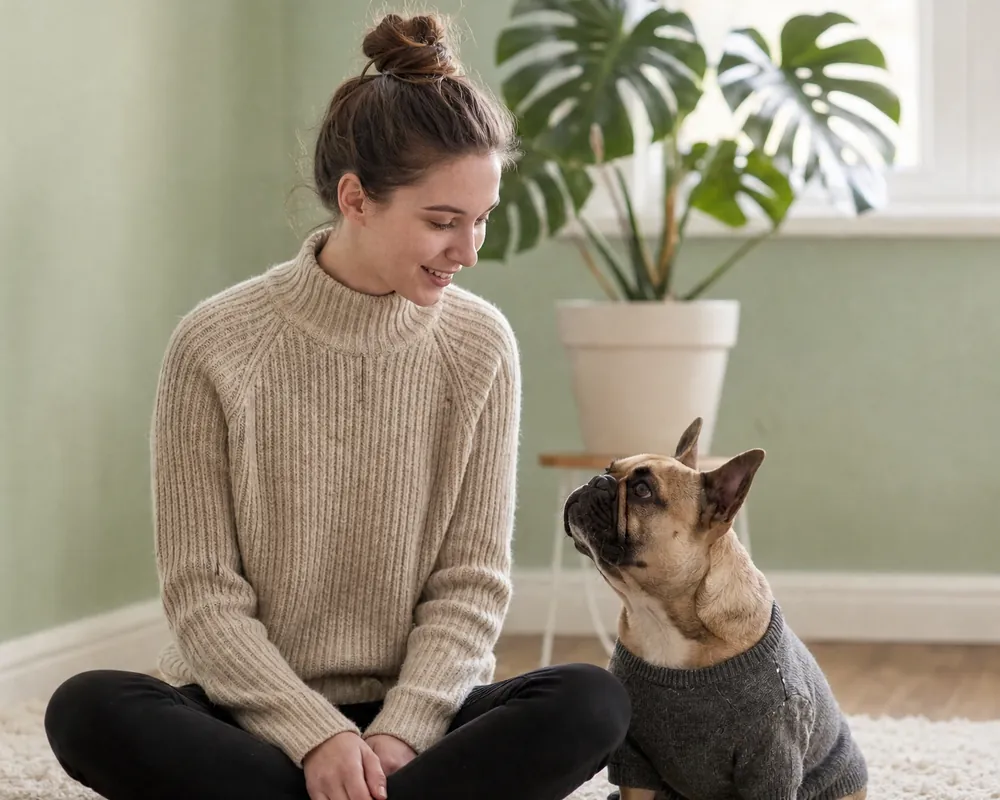 Elena sitting on a rug at home with Mochi, her French bulldog, looking up at her
