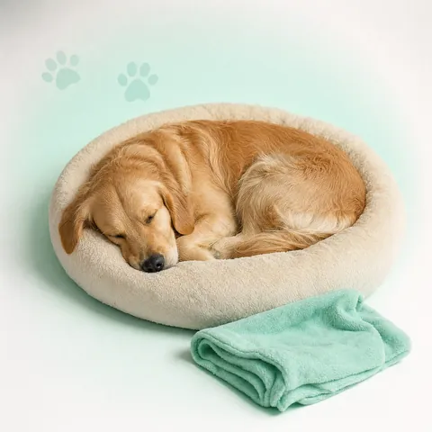 Dog asleep, bed on floor